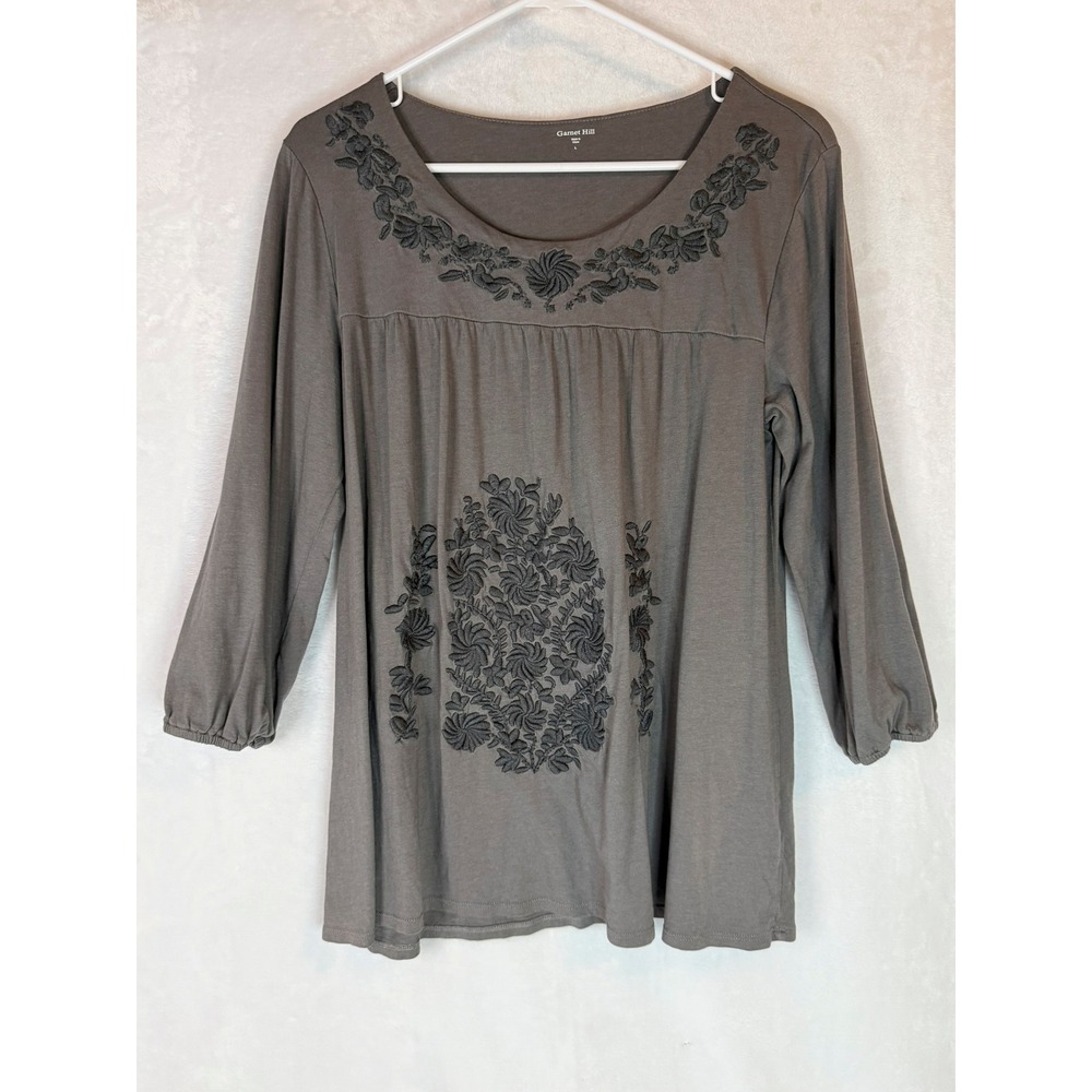 Garnet‎ Hill Embroidered Tunic Top Large Gray Cotton Modal Boho 3/4 Sleeve